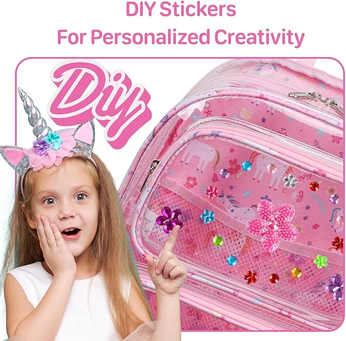 Bagseri Clear Backpack for Girls - 15 Inch Heavy Duty Kids Clear Bookbag for Kindergarten to Grade 2, Transparent School Bag with Reflective Strip, Fits Folders, Pink Unicorn