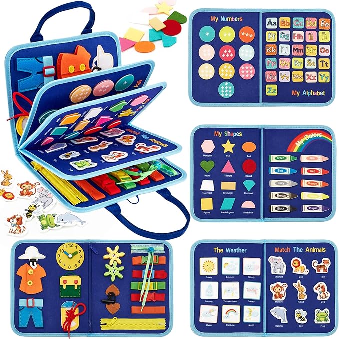 hahaland Busy Board for Toddlers - Montessori Toys Preschool Learning Activities with Life Skills, Alphabet, Number, Shape, Color, Animal, Weather - Toddler Boy Learning Educational Toys, Travel Toys