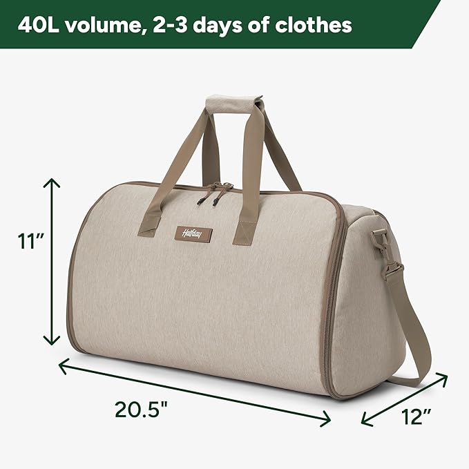 Halfday Convertible 2-in-1 Garment Duffel Weekender Bag 40L: Wrinkle-Free Travel (Hanging Suit Compartment, Shoe Pockets, Trolley Sleeve), Durable & Water-Resistant Carry-on, Stone