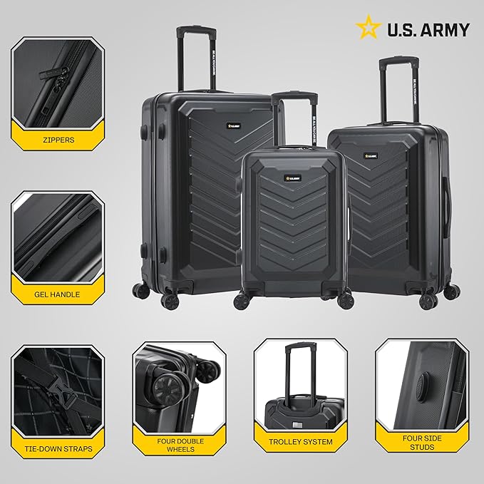 US ARMY FOX 3 Pcs Set Hardshell Luggage with Spinner Wheels | 20, 24, 28 inch Lightweight Travel Suitcase, Chevron Icon, Gel Handle, Retractable Trolley, Side Studs | Black
