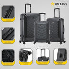 US ARMY FOX 3 Pcs Set Hardshell Luggage with Spinner Wheels | 20, 24, 28 inch Lightweight Travel Suitcase, Chevron Icon, Gel Handle, Retractable Trolley, Side Studs | Black