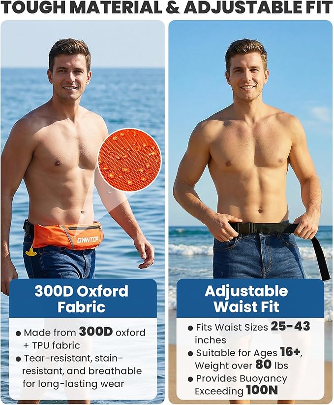 Owntop Manual Inflatable Belt Pack, Adults Swim Jacket with Blowpipe & Whistle, 24g CO2 Cylinder Included, Low Profile for Kayaking, Fishing, Paddle Sports