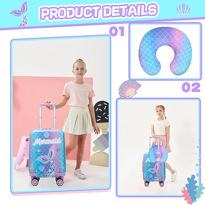 Cute Mermaid Kid’s Luggage Set 2 Piece Suitcase Set 16’’ Hardside Luggage with Spinner Wheels Girls Travel Rolling Luggage Carry on Luggage Airline Approved