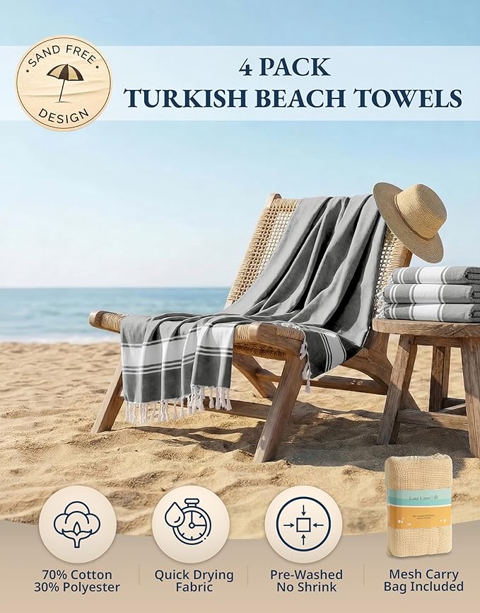 LANE LINEN Beach Towels 4 Pack Oversized - Turkish Towel Set, Pre-Washed Oversized Beach Towel, Quick Dry Beach Towels for Travel, Large Pool Towels, 39"x71" - Smoky Black