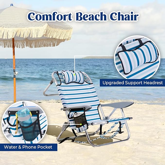 2 Pack Lightweight Portable Camping Beach Chair for Adults, Outdoor Lay Flat Folding Beach Chairs with 5 Positions, Backpack Beach Chair with Towel Bar, Zipper Pouch, Cup Holder, White Striped