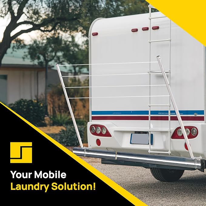 Stromberg Carlson CL-100 Bumper Mounted Clothesline - 48" aluminum foldable travel drying rack for RV Bumper, camper, and outdoor use; 84" hanging space, ideal RV clothesline and camping laundry rack.