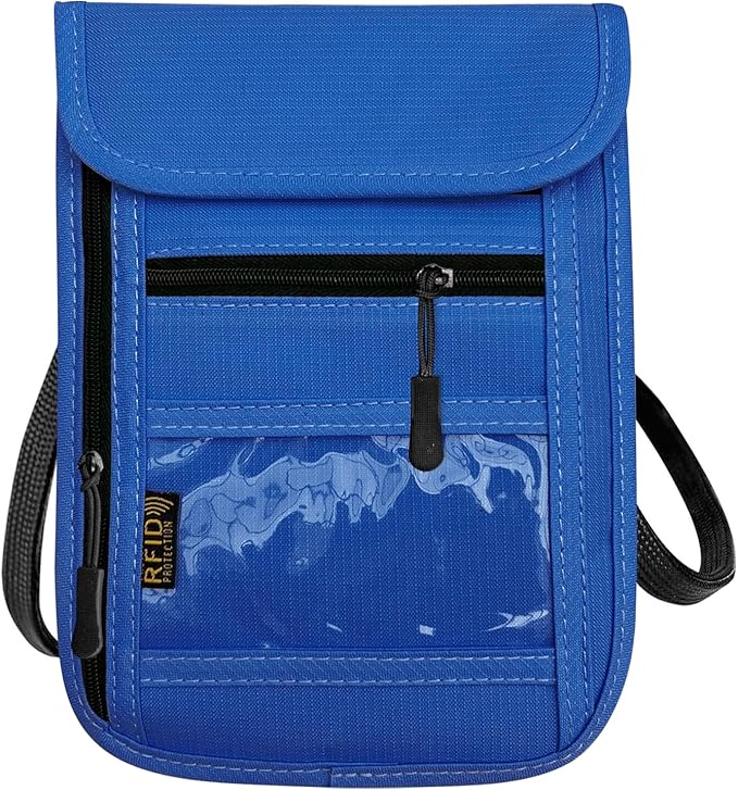 RFID Blocking Travel Neck Wallet Pouch and Passport Holder, Travel Neck Pouch Passport Holder for Women & Men - Blue