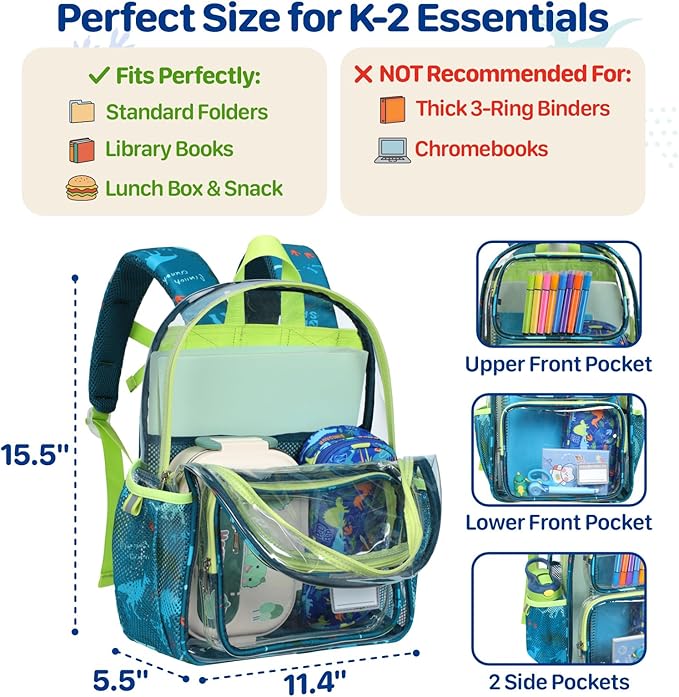 Bagseri Clear Backpack for Boys - 15 Inch Heavy Duty Kids Clear Bookbag for Kindergarten to Grade 2, Transparent School Bag with Reflective Strip, Fits Folders, Green Dinosaur