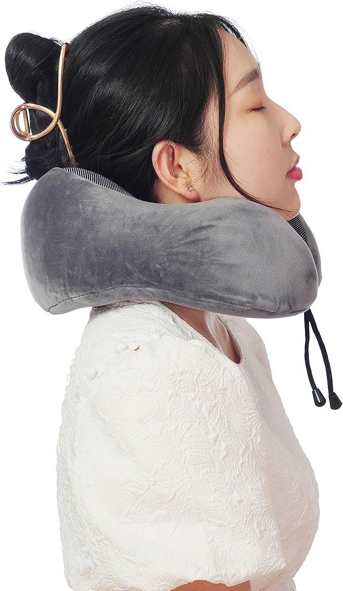 Memory Foam Travel Pillow, Neck Pillow with 360-Degree Head Support, Comfortable and Lightweight, Ideal for Sleeping on Airplane, Car, Train, Bus and Home Use, Comes with Storage Bag (Grey)