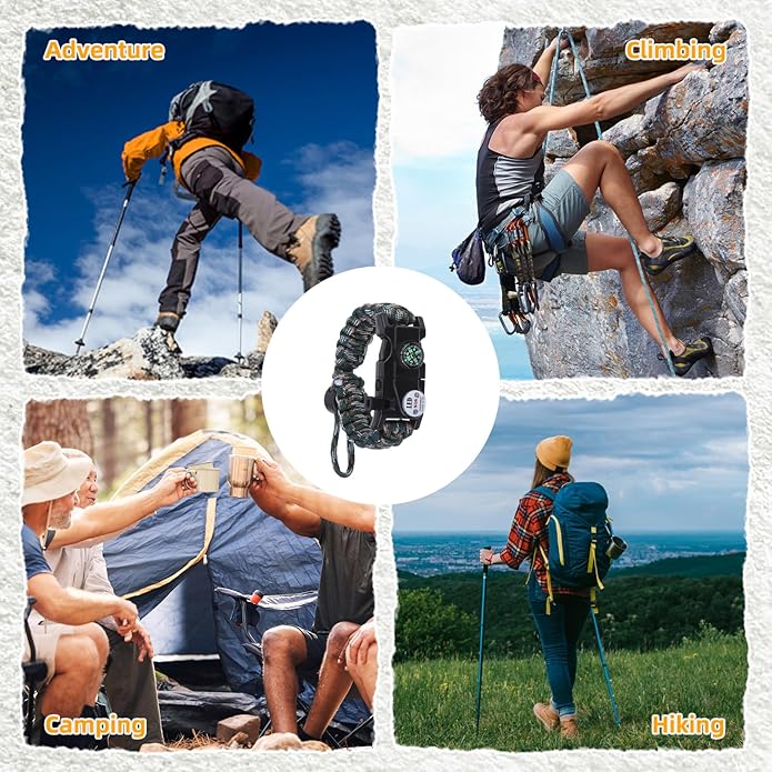 Survival Bracelets, Paracord Bracelets (2 pcs) with Loud Whistle Light Flint, Adjustable Compass Bracelet for Outdoor Camping Hiking Fishing Hunting, Multitools Tactical Gear, Bearable 300 lb