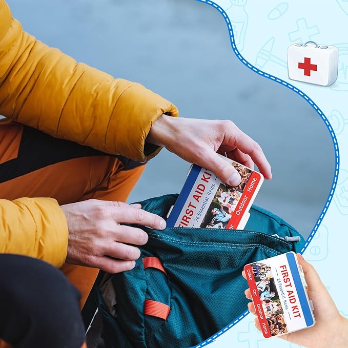 Threlaco 12 Set Mini First Aid Kit Bulk Mini Portable Travel Kit Resistant Case for Convenience First Aid 12 Pack Boxes of 26 Items Each for Minor Cut Scrape Hike Car Home School Office Sports