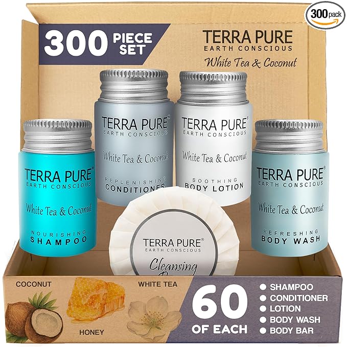 Terra Pure White Tea & Coconut Toiletries Set | 1-Shoppe Amenities Kit | 1oz Shampoo & Conditioner, Body Wash, Lotion, 1.25oz Bar Soap | Travel Size | 300 Pieces
