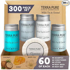 Terra Pure White Tea & Coconut Toiletries Set | 1-Shoppe Amenities Kit | 1oz Shampoo & Conditioner, Body Wash, Lotion, 1.25oz Bar Soap | Travel Size | 300 Pieces
