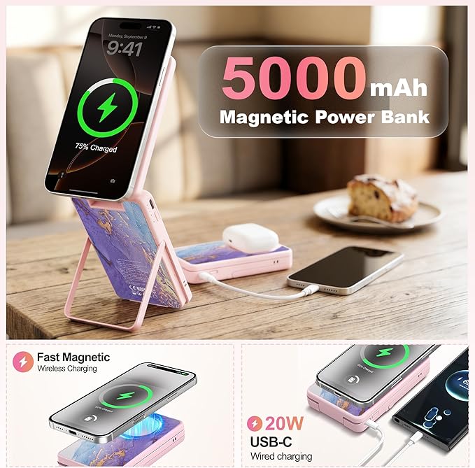 5-in-1 Magnetic Power Bank, 5000mAh Portable Wireless Charger with Mirror, Stand, Bluetooth Remote & Card Holder, MagSafe Compatible Travel Essential for iPhone & Samsung, USB-C Cable Included
