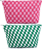 SOIDRAM 2 Pieces Makeup Bag Large Checkered Cosmetic Bag Capacity Canvas Travel Toiletry Bag Organizer Cute Makeup Brushes Aesthetic Accessories Storage Bag for Women, Checkered L Green Rose red