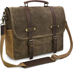 Mens Messenger Bag 15.6 Inch Waterproof Vintage Genuine Leather Waxed Canvas Briefcase Large Leather Computer Laptop Bag Rugged Satchel Shoulder Bag, Coffee