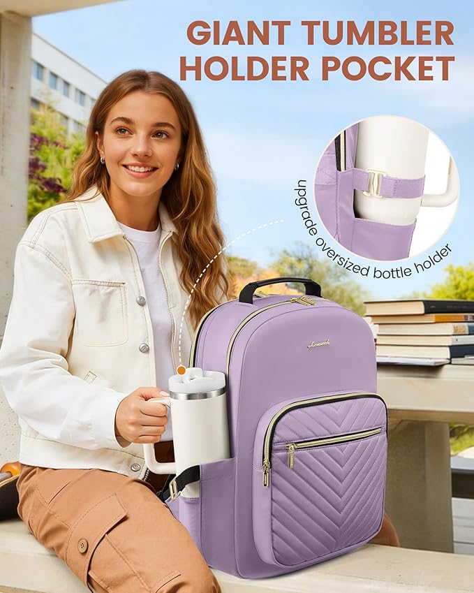 LOVEVOOK Laptop Backpack for Women with Giant Tumbler Holder 15.6 inch,Designer Travel Backpack Laptop Bag College Backpack,Quilted Work Nurse Teacher Backpack Purse Computer Bag Daypack,Taro Purple