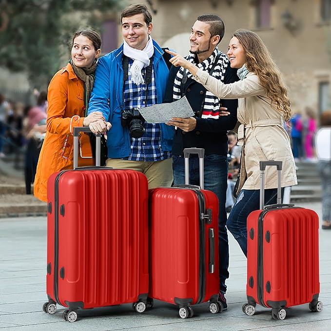 3 Piece Luggage Sets, Lightweight ABS Suitcase with 4 Spinner Wheels ＆ TSA Locks, Hardside Carry On Luggage Durable Suitcase Set for Family Travel Business - Red, 20/24/28