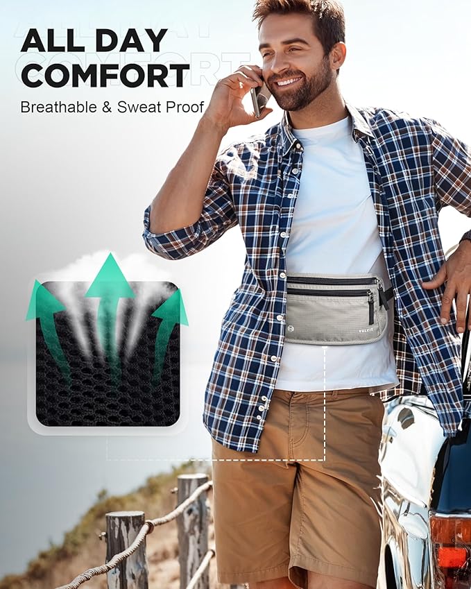 VULKIT Money Belt for Travel, Hidden Passport Holder, Anti-Theft Travel Wallet Under Clothes, RFID Blocking Waist Pouch, Undercover Fanny Pack, Cool Gray