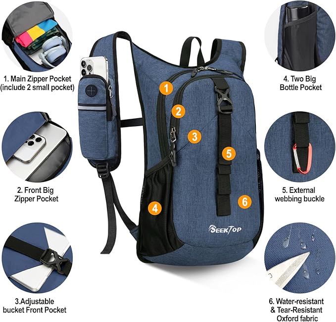 Seektop 15L Small Hiking Backpack for Women Men, Lightweight Hiking Packable Daypack with Phone Pocket for Travel Camping (Dark Blue, 15L)