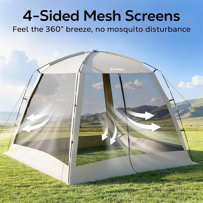 12 × 12ft Camping Screen Tent for 8-10 People, Easy Setup House Tent with 8 Ground Stakes & 4 Windproof Ropes, Portable Screened Canopy with Mosquito Net for Outdoor, Patios, Backyard, Beige
