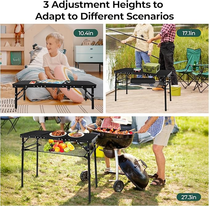 Folding Camping Table with Storage Net,3ft Portable Aluminum Folding Table with 3 Adjustable Height Max 27.3 Inch for Outdoor Backyard BBQ Picnic Cooking Tents Beach Indoor Bedroom（Black）