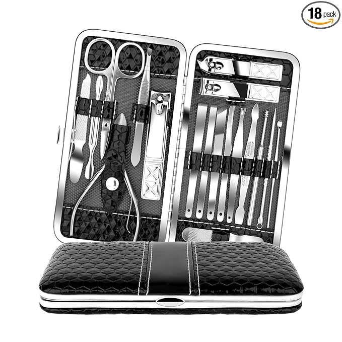 Teamkio Manicure Pedicure Set Nail Clippers Travel Hygiene Kit Stainless Steel Nail Cutter Care Set Scissor Tweezer Knife Ear Pick Utility Tools Grooming Kits with Leather Case 18 in 1 pcs (Black)