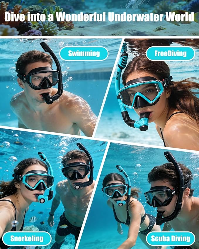 Aegend Snorkeling Gear for Adults Youth Kids, Snorkel Mask with Top Dry Valve - Panoramic View Anti-Leak and Anti-Fog with Mesh Bag for Snorkeling, Scuba Diving, Freediving & Swimming
