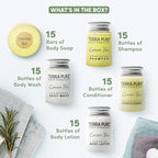 Terra Pure Hotel Soaps and Toiletries Bulk Set | 1-Shoppe All-In-Kit Amenities for Hotels | 1oz Hotel Shampoo & Conditioner, Body Wash, Body Lotion & 1.25oz Bar Soap Travel Size Toiletries | 75 Pieces