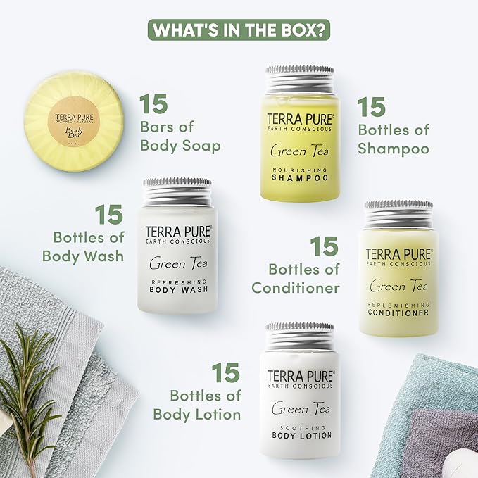 Terra Pure Hotel Soaps and Toiletries Bulk Set | 1-Shoppe All-In-Kit Amenities for Hotels | 1oz Hotel Shampoo & Conditioner, Body Wash, Body Lotion & 1.25oz Bar Soap Travel Size Toiletries | 75 Pieces