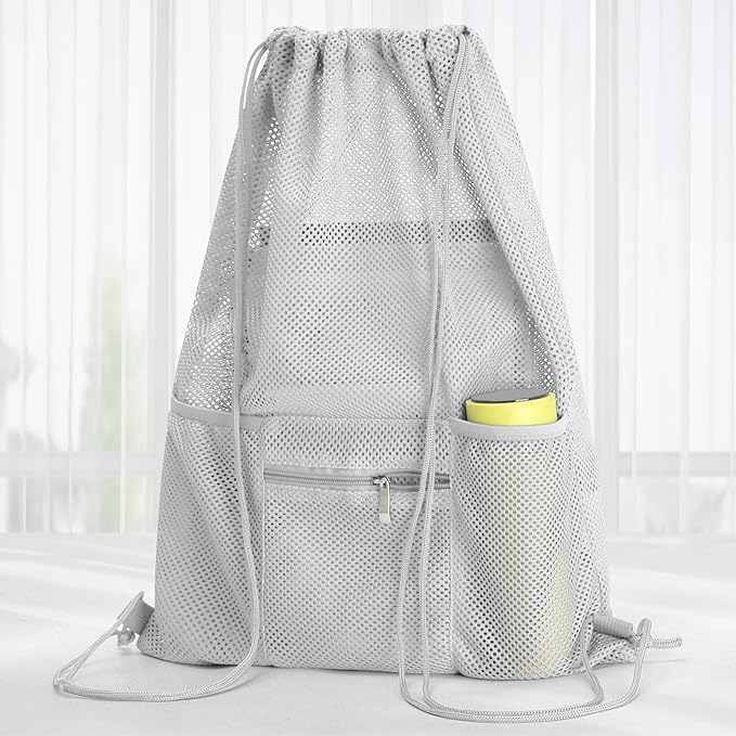 NATURAL STYLE Mesh Drawstring Backpack Bag, Gym Sports Bag with Zipper Pocket Bottle Holder, String Beach Bag for Swiming Travel (Grey)