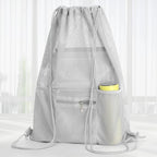 NATURAL STYLE Mesh Drawstring Backpack Bag, Gym Sports Bag with Zipper Pocket Bottle Holder, String Beach Bag for Swiming Travel (Grey)