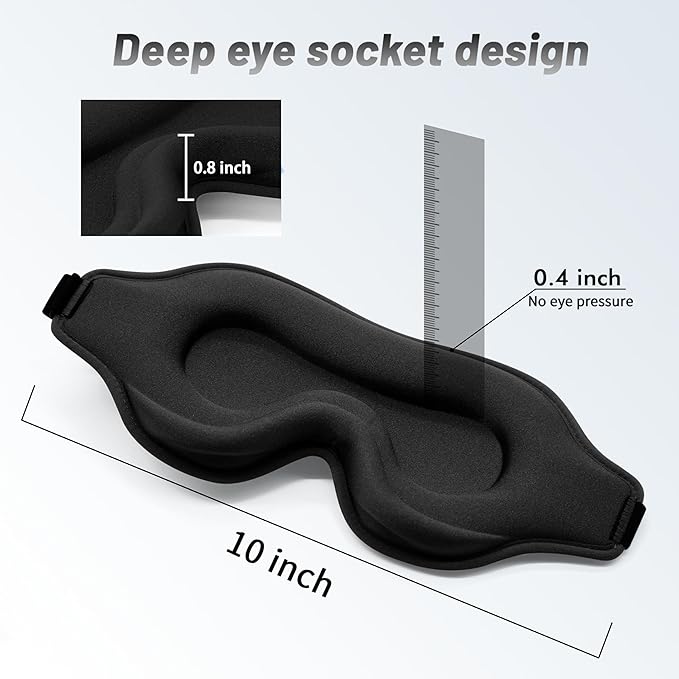 Sleep Eye Mask for Men Women, Sleeping Mask for Side Sleeper, Travel Blackout Night Blindfold Eye Shade Cover with Adjustable Strap (Black)