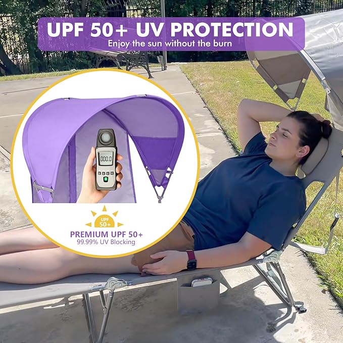 Backpack Beach Tanning Chair with Canopy and Face Hole, 6-Position Folding Lay Out Lounge Chair, UPF 50+ Wind-Resistant Sun Shade, Portable Recliner for Sunbathing, Outside, Poolside, Lawn, Patented