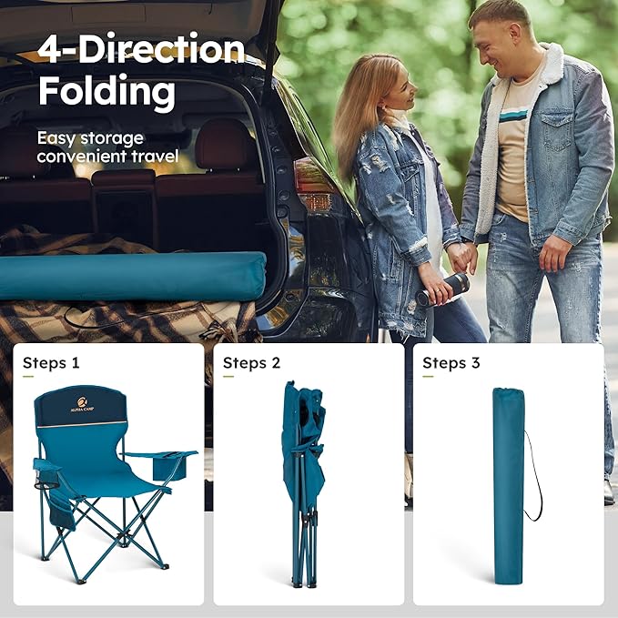 ALPHA CAMP Camping Chairs 250LBS Capacity, Heavy Duty Folding Chair with 4-Can Cooler Bag, Portable Outdoor Chair with Cup Holder for Adults, Collapsible for Tailgating, Beach, Fishing,Black,2PC