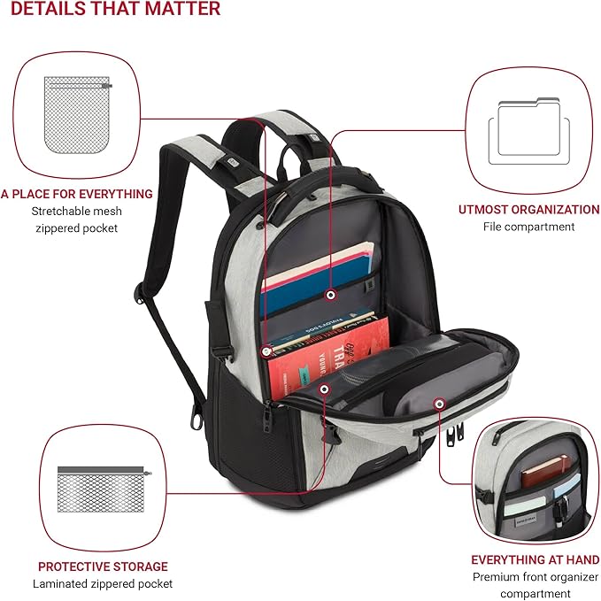 SwissGear Travel Tech Pro Laptop Backpack – Fits Laptops up to 16” – ScanSmart TSA-Friendly Backpack with Multiple Organizer Pockets – Grey Heather