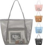 Fammart Mesh Beach Bag, Large Beach Tote with Zipper Pocket, Toys Pool Bag for Family Travel Vacation Cruise Essentials