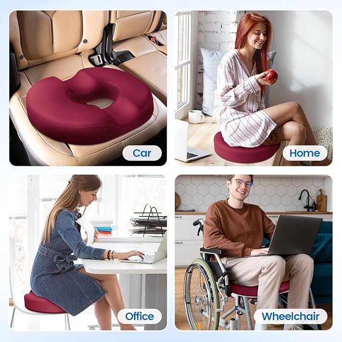 Donut Pillow Seat Cushion - Cooling Gel Donut Chair Cushions, Memory Foam Seat Cushion for Office & Home, Car Seat Cushion and Butt Pillow, Hemorrhoids Pillow and Tailbone Pain Relief, Red