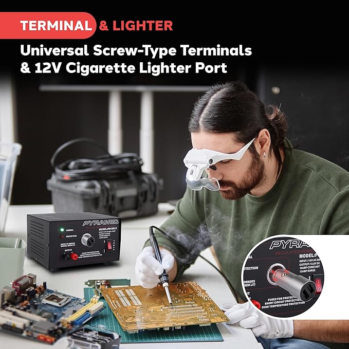 Pyramid Universal Compact Bench Power Supply - 10 Amp Linear Regulated Home Lab Benchtop AC-to-DC Converter w/ 13.8 Volt DC 115V AC 250W Input, Screw Type Terminal, 12V Car Cigarette Lighter-PS15K.5
