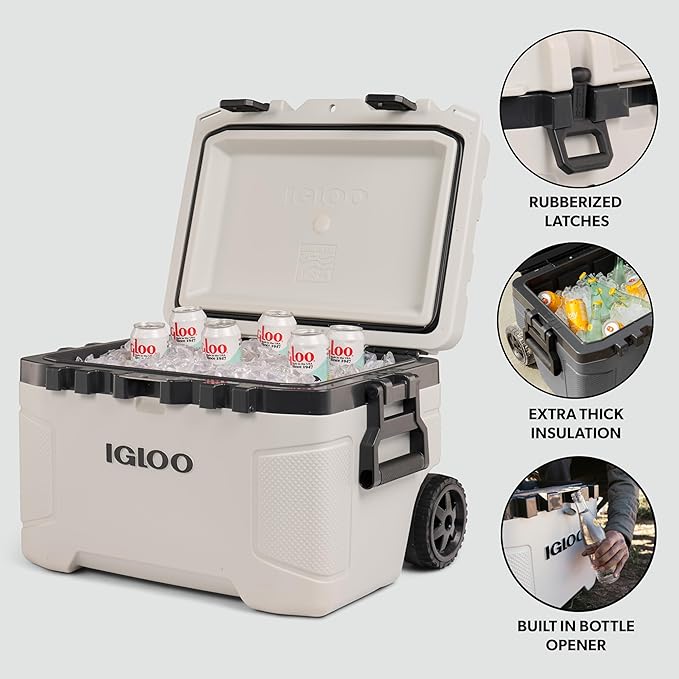 Igloo Trailmate 52Qt Wheeled Cooler, Insulated Hard Shell Ice Chest, Bone