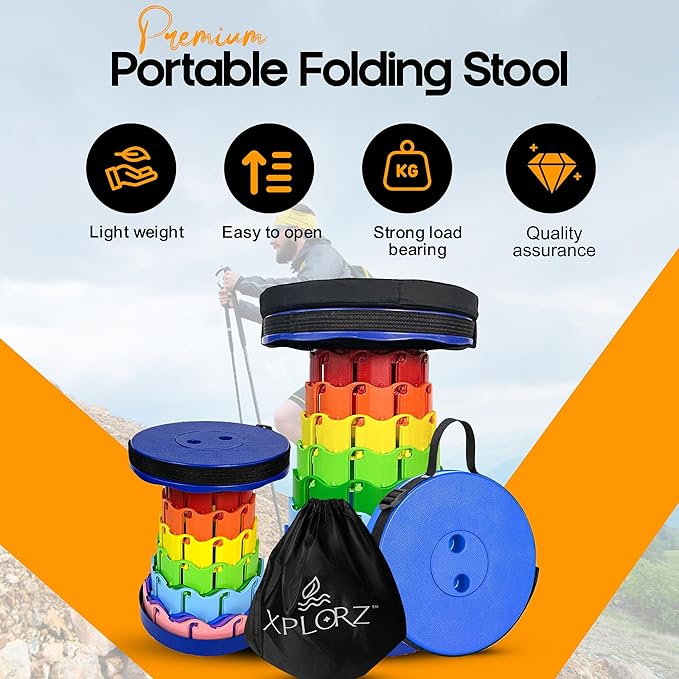 Upgraded Portable Folding Stool with Seat Cushion and Nylon Bag Adjustable Stool with 350lbs Load Capacity Collapsible Camping Stool for Adults Outdoor Travel, Fishing. (1, Blue Rainbow)