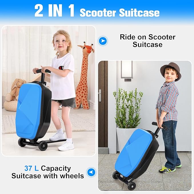 smilesun Scooter Luggage For Kids & Adults， Hardside Ride On Suitcase For Kids Ages 4-15 Multifunctional Lightweight Foldable Carry On Luggage With Wheels Ride On For Children Teenagers（Light Blue）