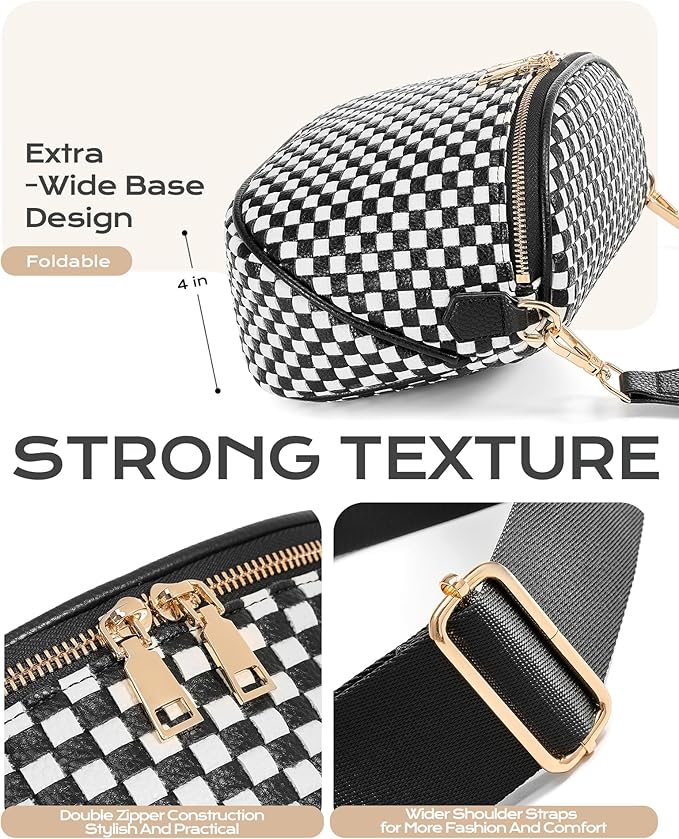 Trendy Woven Checkered Crossbody Bum Bag for Women，PU Leather Checkered Purse Fanny Packs Belt Bag (Woven Bum Bag - Black)