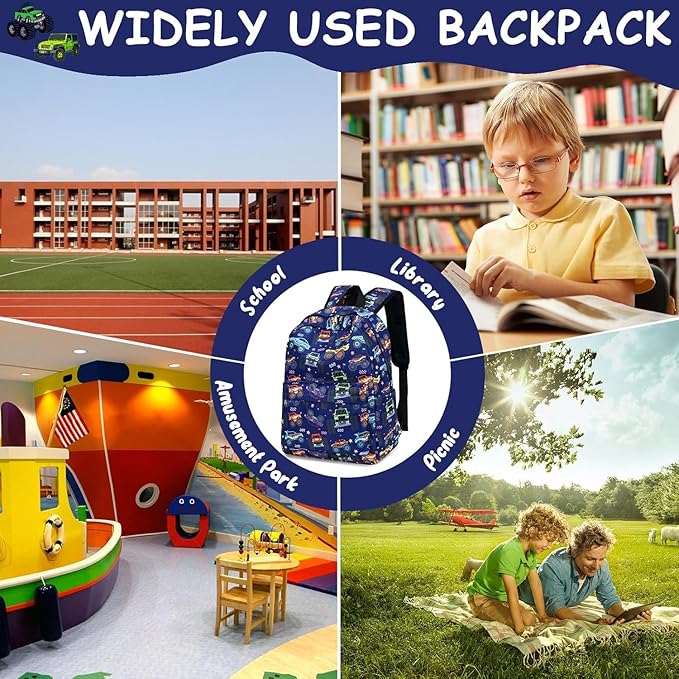 CAMTOP Preschool Backpack for Kids Boys Girls Toddler Backpack Kindergarten School Bookbags for Age 3-8 (Navy Big Wheels)