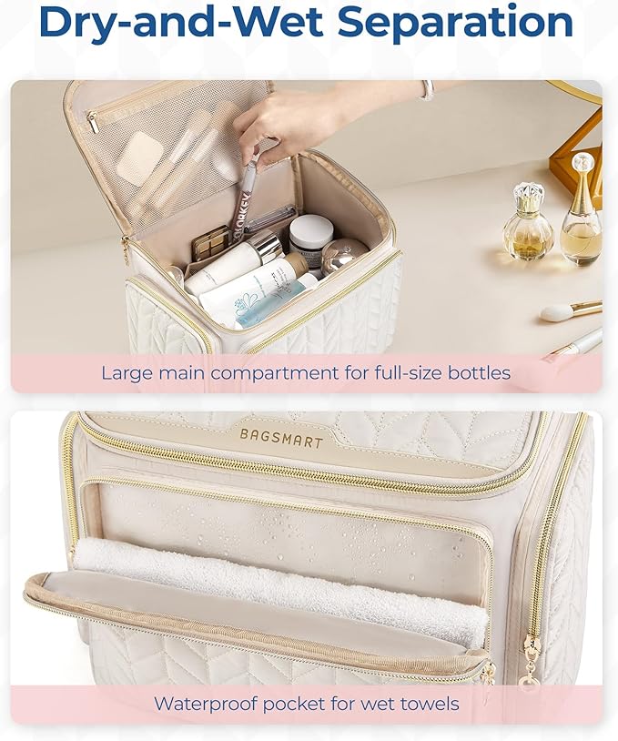 BAGSMART Travel Toiletry Bag, Large Wide-open Travel Bag for Toiletries, Makeup Cosmetic Travel Bag with Handle-Camel
