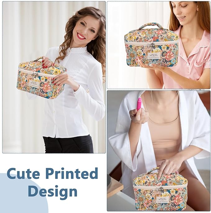 Gosect Large Makeup Bag, Cute Cosmetic Bag for Women Girls, Floral Coquette Aesthetic Toiletry Bag, Travel Make Up Organizer Bag (South Twigs Flower)