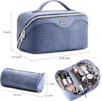 BOYATU Travel Makeup Bags for Women: 3 Pcs Set Wide Open Cosmetic Bag - Portable Make up Bags with Handle - Vegan Leather Toiletry Organizer Bag with Divider (G-05-Blue)