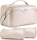 BOYATU Travel Makeup Bag Organizer Cosmetic Bag: 3 Pcs Set Make up Bags for Women with Handle - Waterproof Vegan Leather Toiletry Bags Travel Essentials Pouch with Compartments (C-03-Sliver)