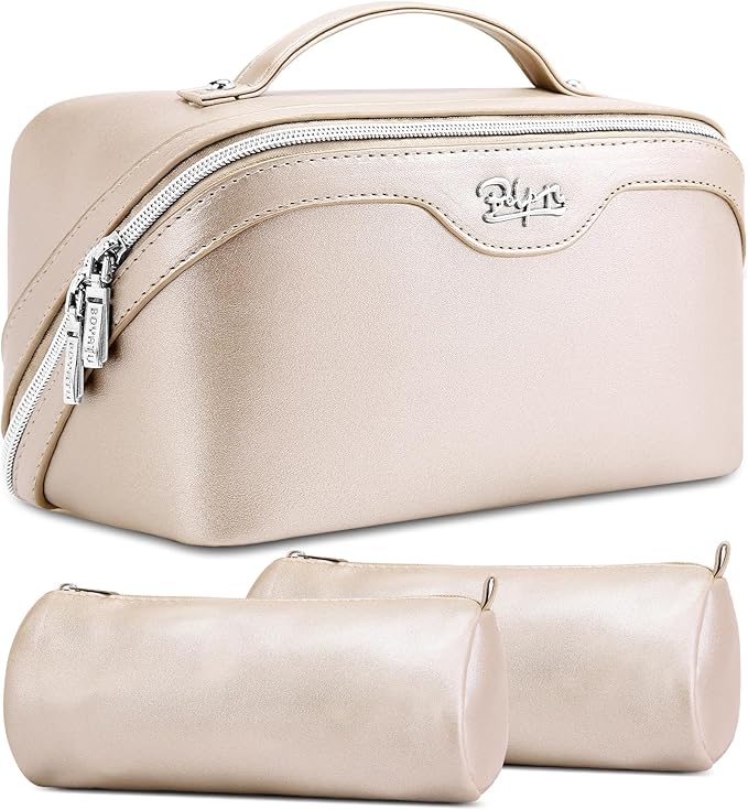BOYATU Travel Makeup Bag Organizer Cosmetic Bag: 3 Pcs Set Make up Bags for Women with Handle - Waterproof Vegan Leather Toiletry Bags Travel Essentials Pouch with Compartments (C-03-Sliver)
