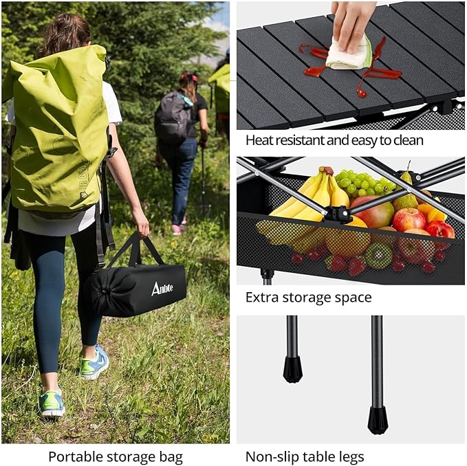 Anbte 3ft Aluminum Roll Top Camping Table Max 27.5", 2 Adjustable Height Folding Camping Table Waterproof with Storage Net and Bag for BBQ Picnic Tailgating Backyard RV Travel, 32.2” x 16”, Pure Black